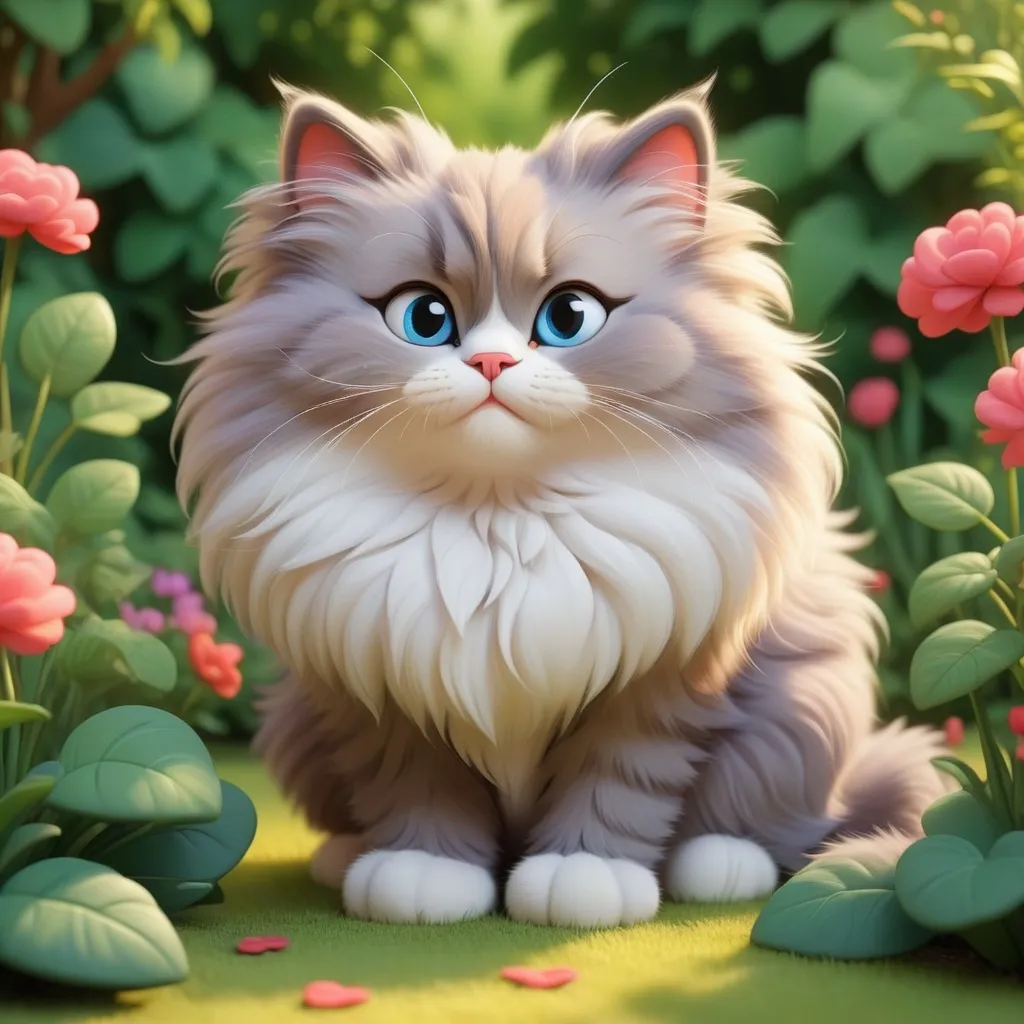 Prompt: cartoon in love  fluffy cat in a garden