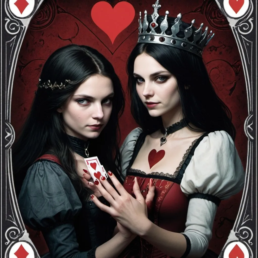 Prompt: "Female mean queen, shown on a playing card adorned with red Q and heart symbol at every edge. The mean queen, revealed halfway from the side, is reaching out her hand trying to grab a young, beautiful girl known as Alice. Dusty, dark atmosphere. The only brightness comes from the sunlight selectively illuminating the two characters."