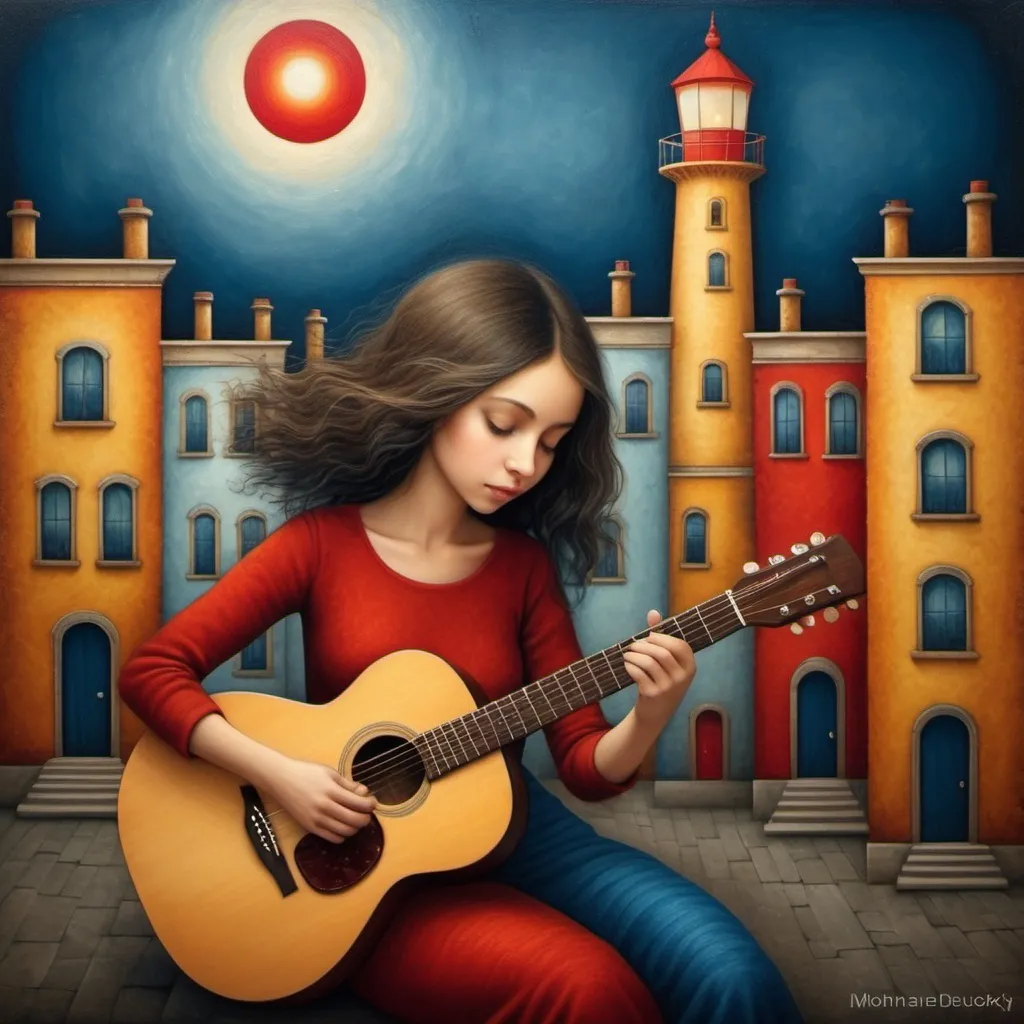 Prompt: woman playing Guitar in a city at early morning , light houses, optical illusions, Fluffy  lines, spin, Woody Portrait painting of bold Gold, dark blue, red, and black, flat and abstract, the style of  Iwona Lifsches style, nicoletta ceccoli style, scratched lines in the background, grunge art, shabby, intricate details, over-detailed, perfect quality, very detailed, 8k, high resolution, minute details, detailed textures, clear focus, ultra-high pixel detail, sophisticated, high-quality, incredibly detailed, masterpiece, over-detailed, professional photography, extreme zoom, ultra Blur.
By: Mohammad Eldesouky