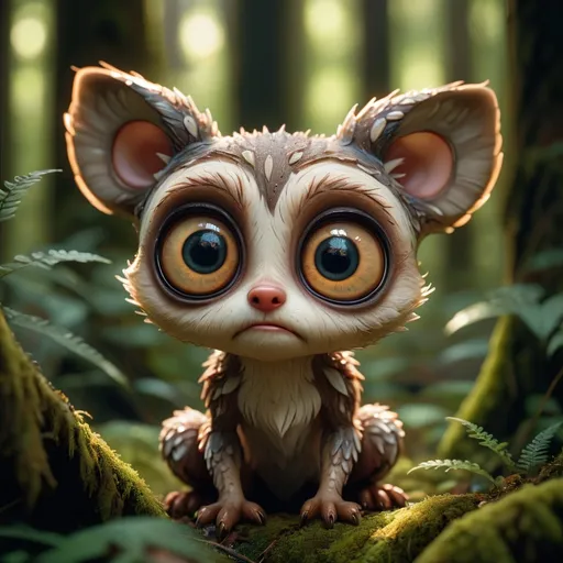 Prompt: Medium shot, Adorable creature with big reflective eyes, moody lighting, best quality, full body portrait, real picture, intricate details, depth of field, in a forest, fujifilm xt3, outdoors, bright day, beautiful lighting, raw photo, 8k uhd, film grain, unreal engine 5, ray tracing