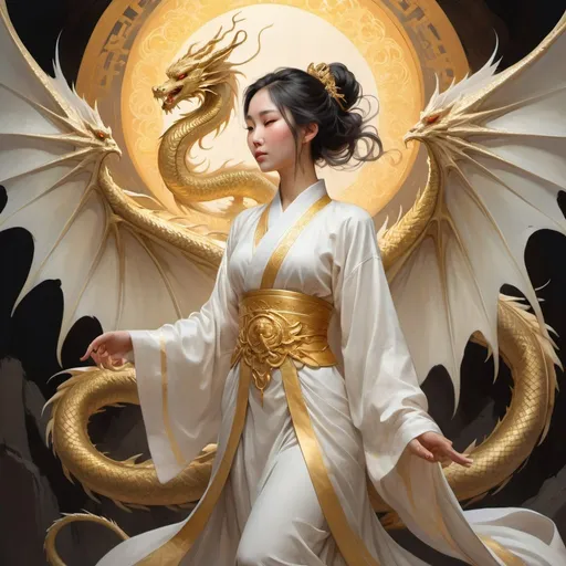 Prompt: Intricate full-length portrait of a Chinese dragon radiating power with golden, shimmering scales, arched gracefully, archangel in flowing white robes beside, wings massive and outstretched, serene, warm, tranquil ambiance, soft watercolor aesthetic, dragon and angel as focal points, harmony of contrasting yet complementary natures, art by Stanley Artgerm Lau, Charlie Bowater, Atey Ghailan, Mike Mignola