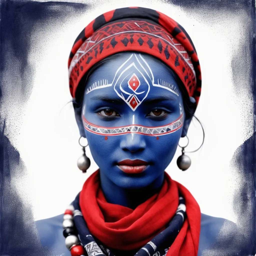 Prompt: TRibal Series: mysterious tribal woman, indigo painted face with pattern, red white and black scarf and ornametns.