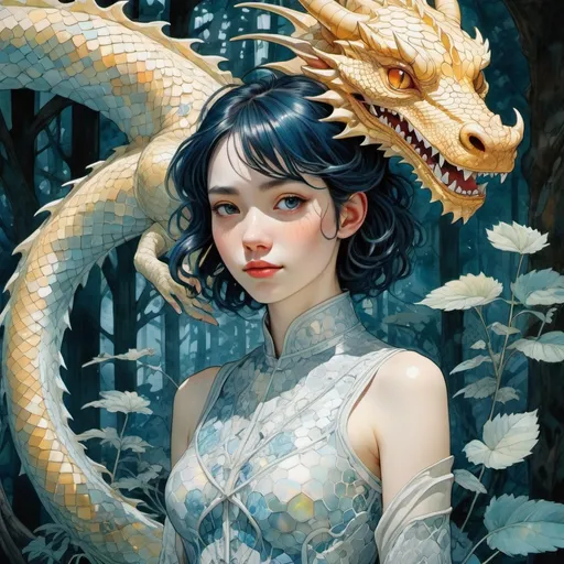 Prompt: the cheshire princess has found her smile and she has a dragon protector. Mythical creatures background forest. Android Jones, James Jean, takato yamamoto, Arthur Rackham. watercolor, volumetric lighting, maximalist, concept art, intricately detailed, elegant, expansive, 32k, fantastical, golden ratio principles, haunted, glass sculpture, honeycomb patterns, art by makoto shinkai, conrad roset. 3d, iridescent watercolors ink, polished finish, gradient chrome colors.