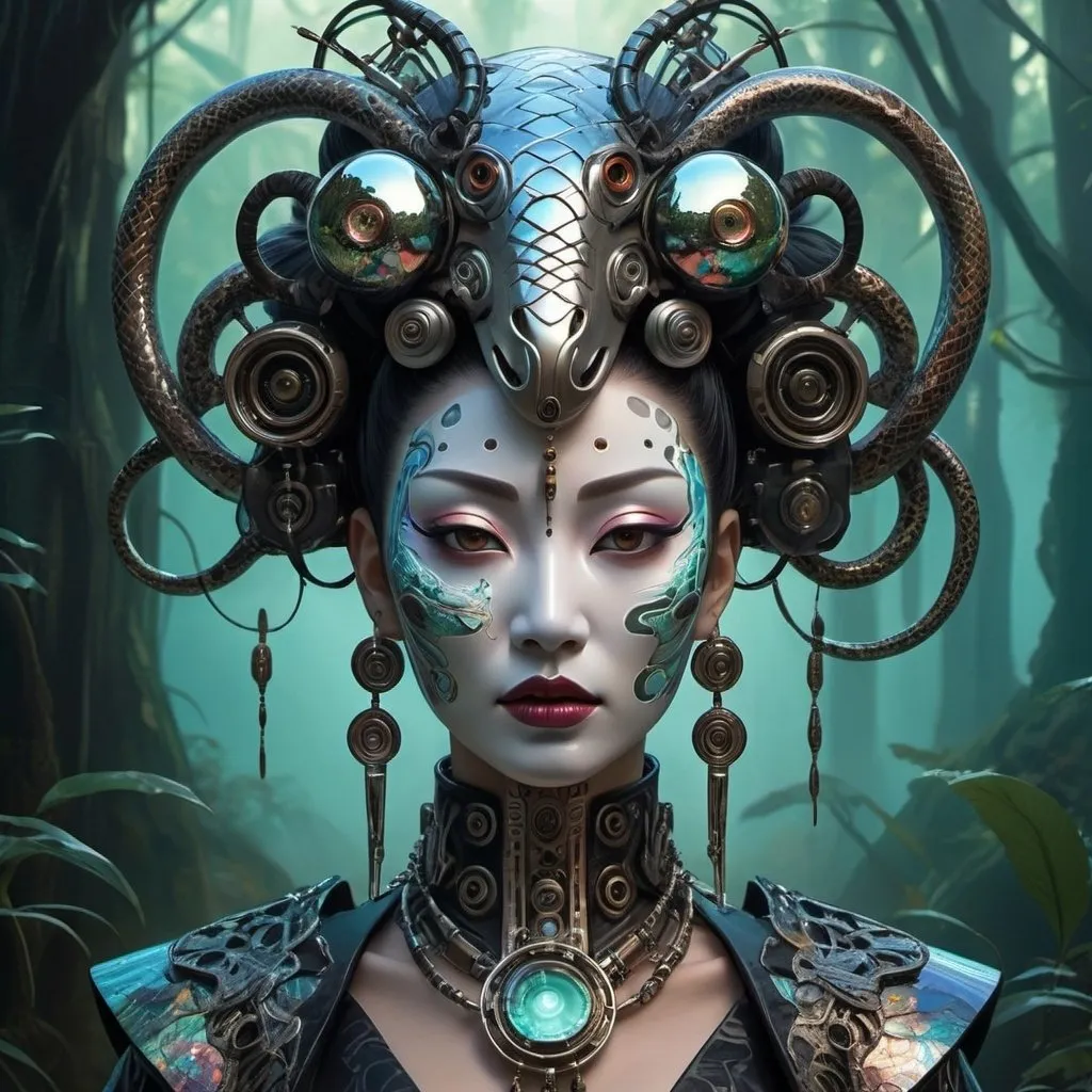 Prompt: Cyberpunk gothic art deco biomechanical geisha shaman, exhibiting snake skin texture with varied hues, CyberTech Elements, integrates cyborg neck features, oversized engaging eyes reflecting a mirrored hologram, glowing light, stands amidst a forest swamp with holographic nuances, dons an iron Venetian mask with Maori filigree accents, abstract cubic formations populate the sky, Art Nouveau and Dali-inspired chrome spheres scatter around, capturing the dynamic environment, digital painting, advanced lighting techniques evoke luminism, captured in an ultra high-resolution 32k image, showcasing