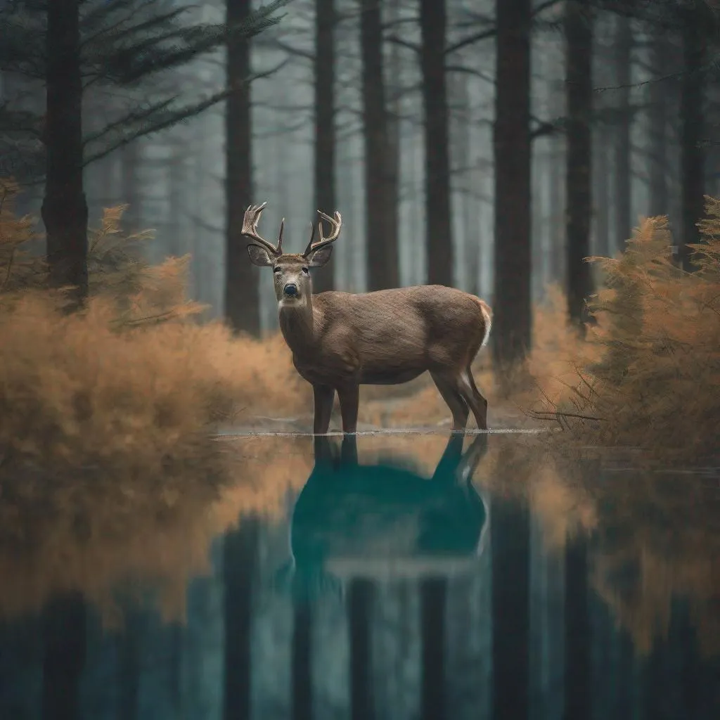 Prompt: minimal, cinematic, a deer among the trees, forest lake, moss, cold weather, dark teal and amber, Sony A7 IV