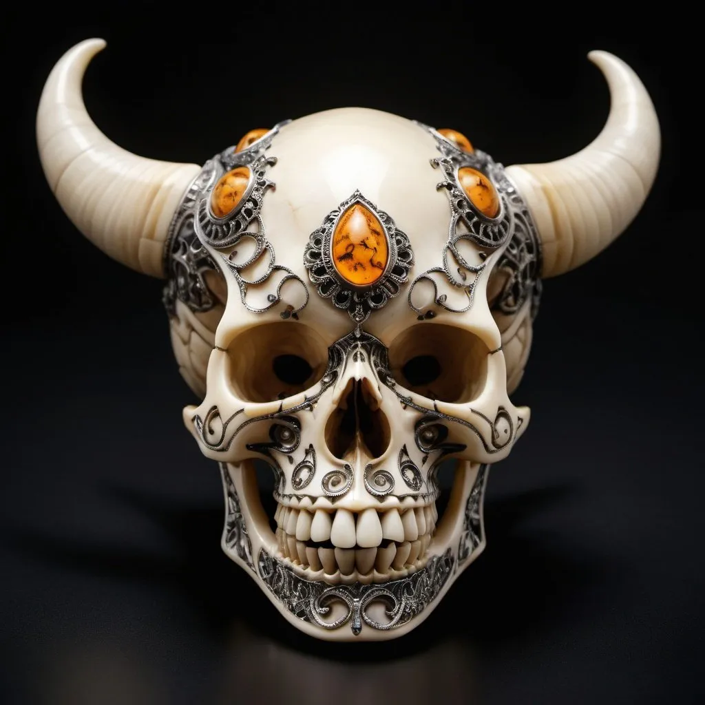 Prompt: the skull of an alien horned creature made of ivory, inlaid with the finest silver filigree and amber, on a simple black background, professional photography