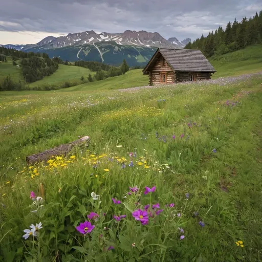 Prompt: Rolling flowery meadows, small cabin in the distance