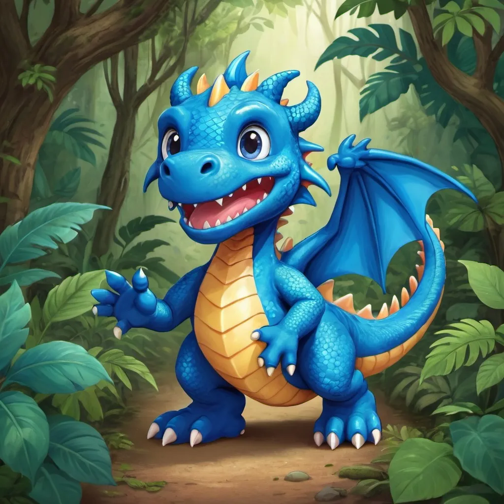 Prompt: a boy is waving hello and his cute blue dragon adventure into the jungle