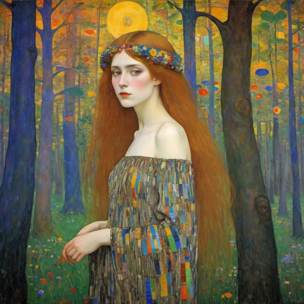 Prompt: The beautiful young lady, She comes in colors everywhere She combs her hair She's like a rainbow Coming, colors in the air Oh, everywhere She comes in colors, Gustav Klimt, Carboniferous Forest