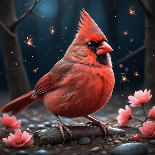 Prompt: A hyper-realistic digital artwork of an adorable cute red northern cardinal sitting on the ground, looking happy and with his eyes closed. The fur of the red northern cardinal is dense and textured, with each hair finely detailed and shimmering with tiny fireflies under a dimly lit night sky. Sakura petals fall around it, adding to the magical, serene atmosphere. The scene is set on a rough textured surface that resembles the wood. The color palette is dominated by shades of blue, emphasizing a chilly, enchanting ambiance