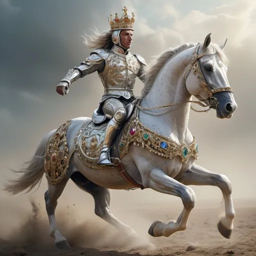 Prompt: a horse in full gallop, horse is rescuing the King's child, baby wears crown encrusted with diamonds & gemstones, horse wearing equal gemstones fit for royalty, symbiosis of nature and robotic, extreme detail, 8k photography , trending on artstation, sharp focus, studio photo, intricate details, highly detailed, by greg rutkowski