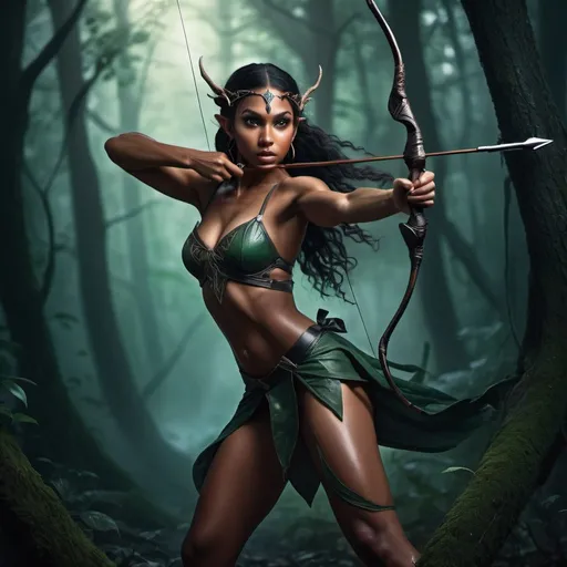 Prompt: Splash art of a beautiful Latina elf goddess of hunting wielding a black bow and hiding in a dark forest, action pose, acrobatic, legs apart, action, dark skin, heroic fantasy, atmospheric lighting,
