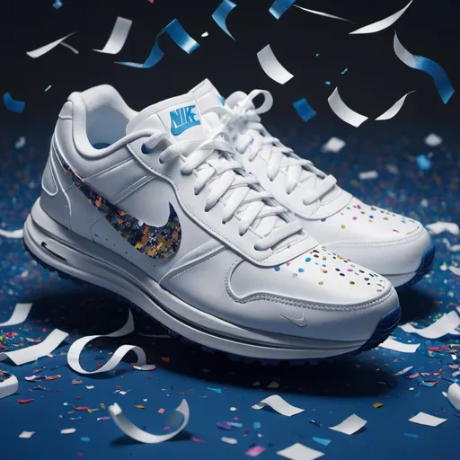 Prompt: (((Nike))),(((white))),(((👟blue,))), confetti, night,, trending on artstation, sharp focus, studio photo, intricate details, highly detailed, by greg rutkowski