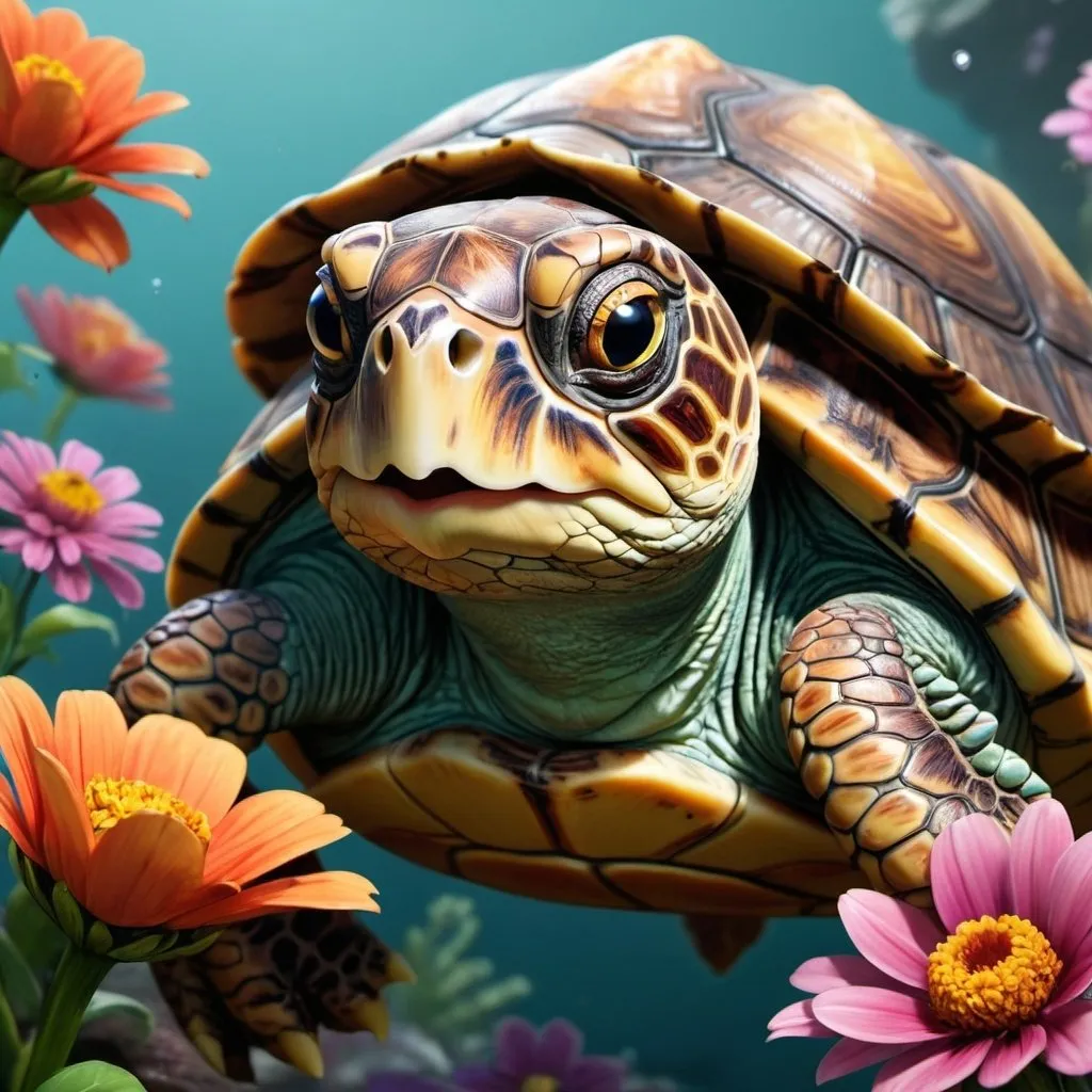 Prompt: Beautiful and tender turtle with big eyes adorned with beautiful flowers. Cartoon. quality 0.25, trending on artstation, sharp focus, studio photo, intricate details, highly detailed, by greg rutkowski