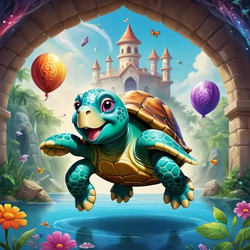 Prompt: 
the cheerful turtle, embarks on a journey to the world of symbols. Visualize Tini standing at the entrance of this magical realm, filled with vibrant symbols floating in the air.