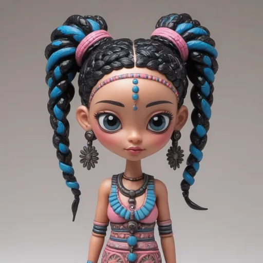 Prompt: Tribal Series,  Pink and blue happy figurine woman with black braided hair, big  sharp eyes, intricate details.