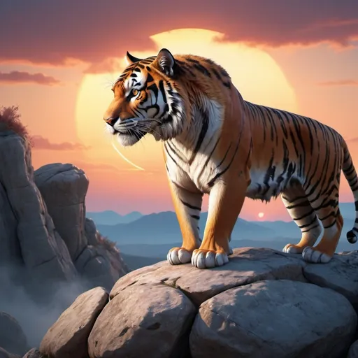 Prompt: tiger, intense, on top of a rocky outcrop, attractive to the viewer under a heavenly sunset sky , cinematic,complex background, octane rendering.