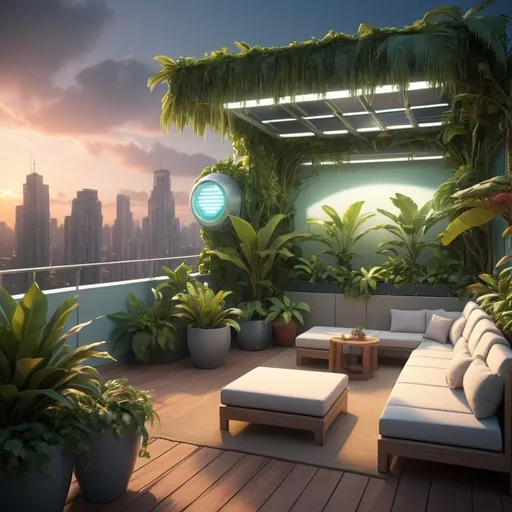 Prompt: futuristic, apartment rooftop terrace garden, chillwave, solarpunk, tropical island, ultra detailed, cinematic lighting, photorealistic, realistic details, wide view