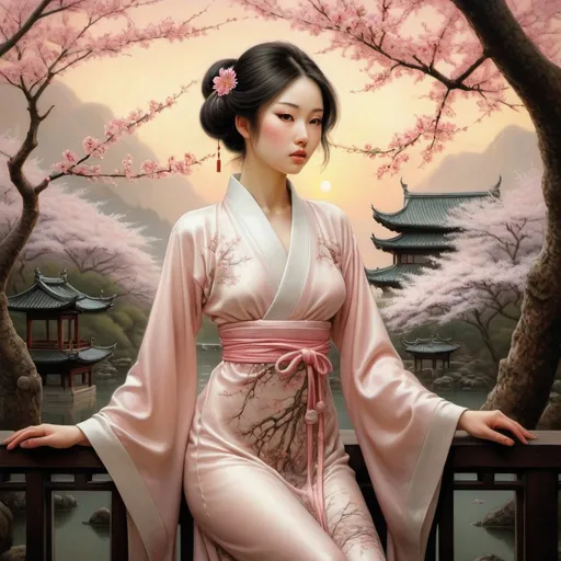 Prompt: Chinese sophisticated painting, a sensual elegant girl full body in a transparent peignoir admires the sunset in a dense Chinese garden of cherry blossoms, delicate white and pink tones, light colors without dark tones, sharp focus, fantasy, fantastic view, ultra detailed, naive art naoto hattori, Catrin Welz-Stein, Stephen Gammell, Dee Nickerson, Makoto Yukimura, art design, Bill Reid