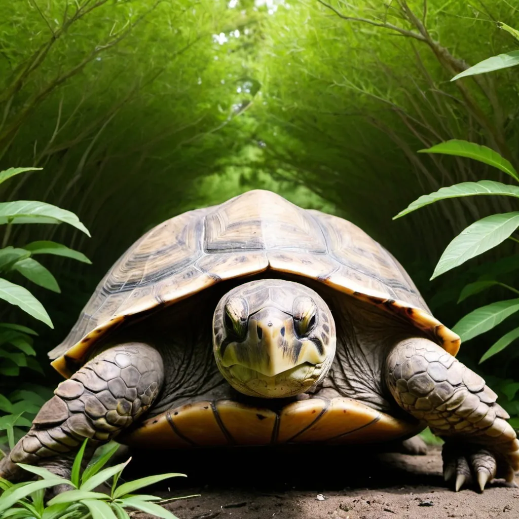 Prompt: large turtle with overgrown bushes and trees on its shell