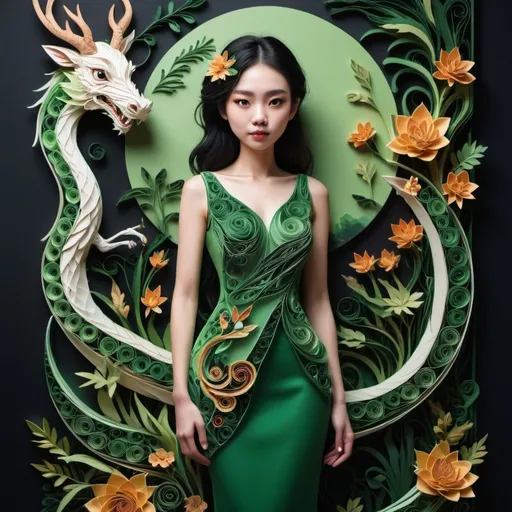 Prompt: A woman in a green dress standing next to a dragon, by Lü Ji, amy sol in the style of layered paper art, style of paper quilling, background: jungle river, beautiful intricate masterpiece, silk flowing in wind, carved wood, beautiful as the moon, anthropomorphic female deer, an elegant woman in black dress, woman made of plants, naturepunk.
Photorealism. A masterpiece. Close-up, expressive eyes, cinematic lighting, studio shooting, rendering, high detail, medieval style, high contrast, maximum sharp focus, 32K, dimmed light, cinematic poster, digital concept art, saturated colors