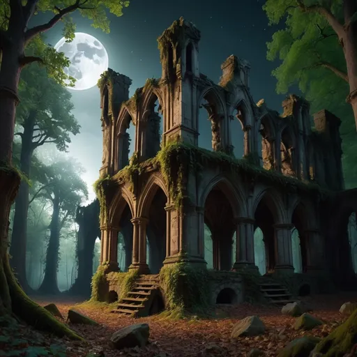 Prompt: HD, 4K, 3D, Stunning, magic, cinematic camera, two-point perspective, gothic ruin in the forest, without ceiling, ancient trees, moonlight, gothic ruin in the forest, magical night