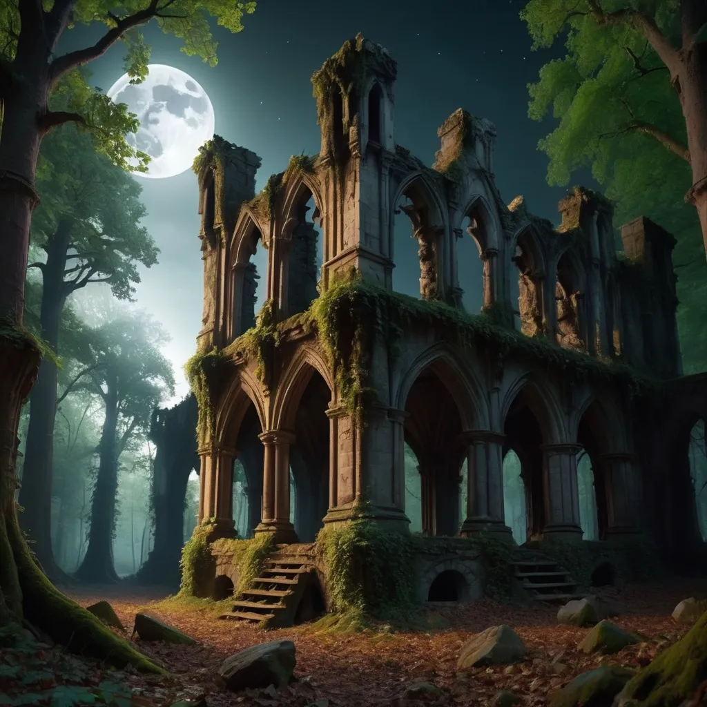 Prompt: HD, 4K, 3D, Stunning, magic, cinematic camera, two-point perspective, gothic ruin in the forest, without ceiling, ancient trees, moonlight, gothic ruin in the forest, magical night