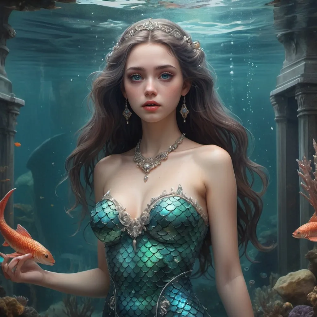 Prompt: Intricately detailed front facing elaborate beautiful mermaid, intricate glistening face, bright eyes, prismatic crystal clear dress, long hair, hyperdetailed painting by Ismail_Inceoglu Tom Bagshaw Dan Witz CGSociety ZBrush Central fantasy art 4K, under water Crystal Palace in background digital painting, digital illustration, extreme detail, digital art, ultra hd, vintage photography, beautiful, tumblr aesthetic, retro vintage style, hd photography, hyperrealism, extreme long shot, telephoto lens, motion blur, wide angle lens, deep depth of field, warm, anime Character Portrait, Symmetrical, Soft Lighting, Reflective Eyes, Pixar Render, Unreal Engine Cinematic Smooth, Intricate Detail, anime Character Design, Unreal Engine, Beautiful, Tumblr Aesthetic,  Hd Photography, Hyperrealism, Beautiful Watercolor Painting, Realistic, Detailed, Painting By Olga Shvartsur, Svetlana Novikova, Fine Art