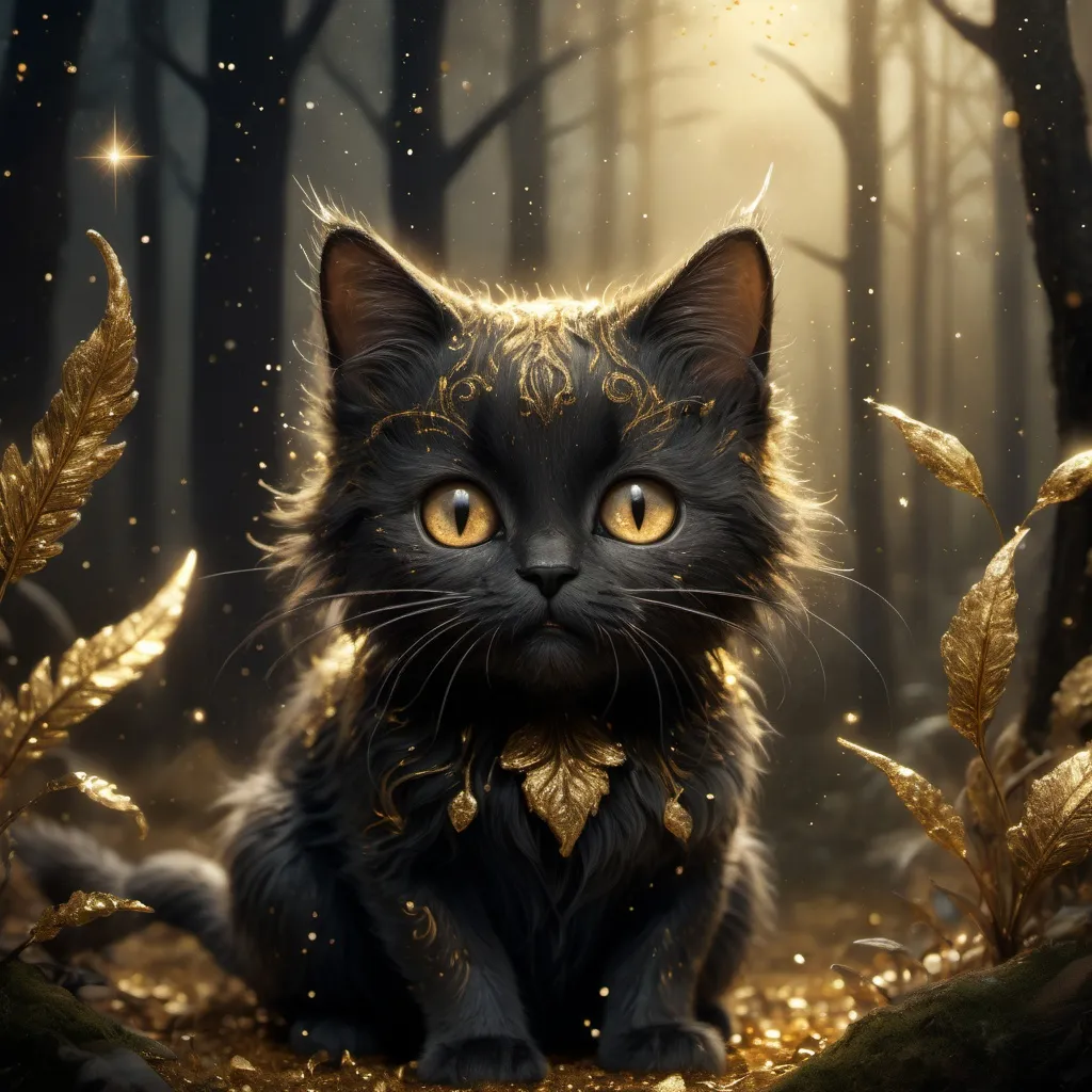 Prompt: An illustration of a small magical cute forest black gold cat,  magical gold dust in the air, intricate details, Jean-Baptiste Monge style, dramatic shooting angle, atmospheric particles, real, raw cinematic photorealism, action portrait, 8k, detailed, centered, full frame




