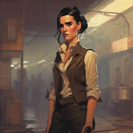 Prompt: Highly detailed portrait of a sewer emo punk lady mercenary, Jennifer Connelly, full body shot, tan skin, black fedora, 1920s, waistcoat, slacks, brown derby shoes, severe bun haircut, black hair, by atey ghailan, by greg rutkowski, by greg tocchini, by james gilleard, by joe fenton, by kathe butcher, gradient black, brown, umber color scheme, grunge aesthetic!!!  1920s city raining background