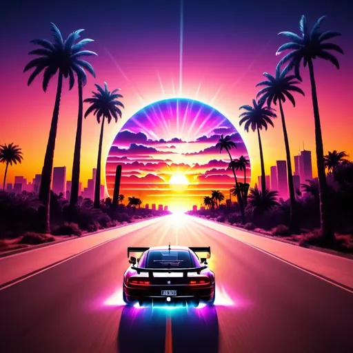 Prompt: F1 car on road driving into the sunset, profile, vapor wave theme, looking at the sun in back ground, palm trees on the road, looking over the city, trippy sky, vibrant colors, HD, 4K, professional brush work, detailed, cinematic shot, better