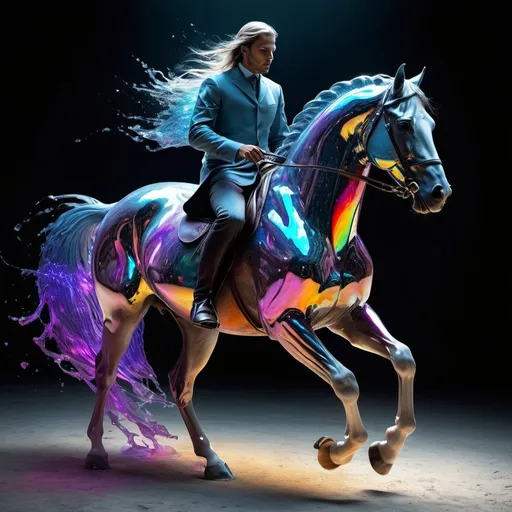 Prompt: An image of surreal beauty, 16k hyper exact, rendering, flowing colors, clear structures, strong contrast, male riding a horse, Broken Glass effect, no background, stunning, something that even doesn't exist, mythical being, energy, molecular, textures, iridescent and luminescent scales, breathtaking beauty, pure perfection, divine presence, unforgettable, impressive, breathtaking beauty, Volumetric light, auras, rays, vivid colors reflects