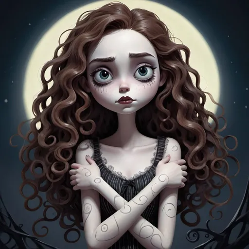 Prompt: Whimsical illustration of a grumpy young girl, arms crossed, long curly hair swirling around her face and hands, Tim Burton's "The Nightmare Before Christmas" aesthetic, exquisite details, digital painting, octane rendering