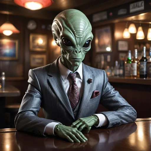 Prompt: photo of an alien dressed suit and tie sitting in a bar in shapula planet, award winning photography  highly detailed, sharp focus, masterpiece, by ake, 16K, UE5



