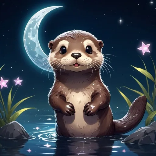 Prompt: A cute little otter in anime character, with half moon stars, cool deep colors, night scene, dreamlike, fairy, high quality, intricated detailed, uhd rea