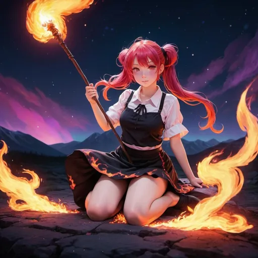 Prompt: anime girl, fire witch with staff, impressionist details, shoulders exposed, red hair, pig tails, full body sitting on the ground one leg stretched out, white-black shirt, skirt, ambient lighting, background aesthtetique flames in colors red yellow purple pink blue, intricate detail flames under a night sky with pink Northern lights