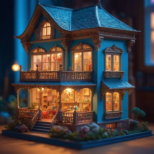 Prompt: dolls house, very intricate, ultra detailed, bright, crispy, unreal image, visionary, methaphysical, colorful, blury background,  window, night, Schim Schimmel and Andrei Sokolov style, Miki Asai Macro photography, close-up, hyper detailed, trending on artstation, sharp focus, studio photo, intricate details, highly detailed, by greg rutkowski