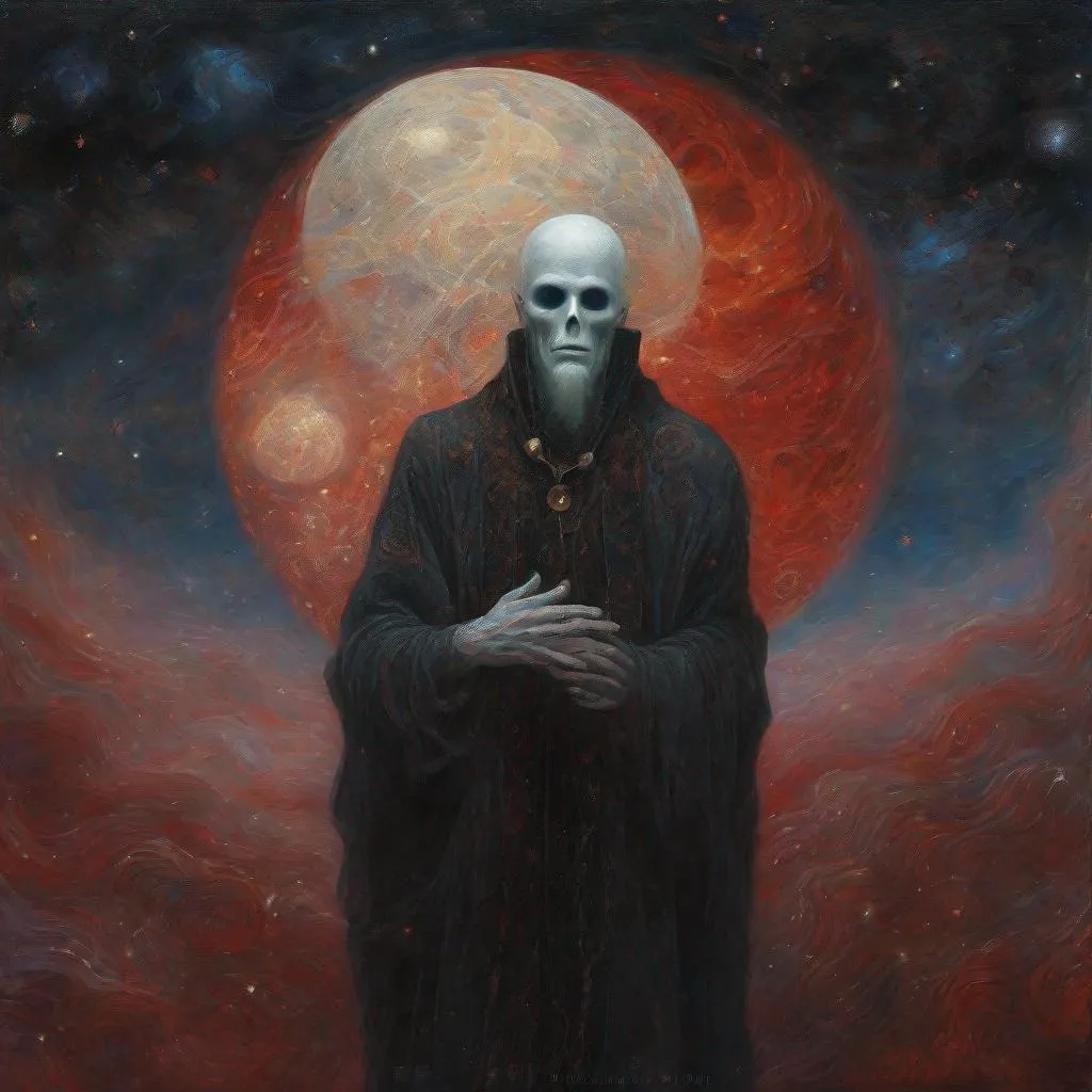 Prompt: romantic dark fantasy novel illustration of a Gothic ghost man stands under the stars and moon, anatomically correct hands, perfect hands, perfect faces, dreamy,by artist Gustav Klimt, by artist "Agostino Arrivabene". candy clouds, Stars by artist "Eileen Agar" , Royo, beautiful face, detailed eyes, red