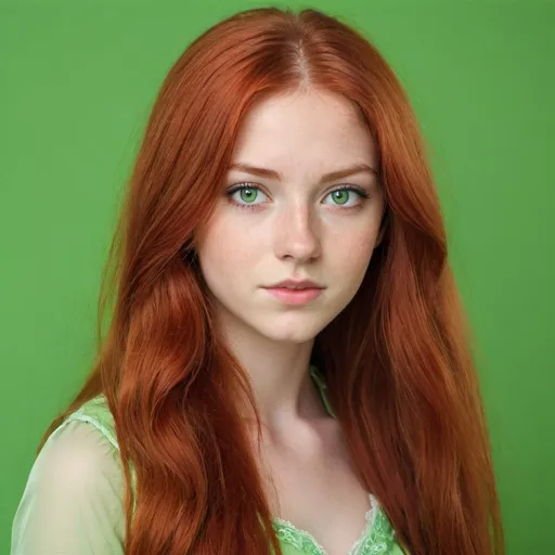 Prompt: Female,20 years old, long red hair and light green eyes , don't use sharp features and don't use green dresses or green background