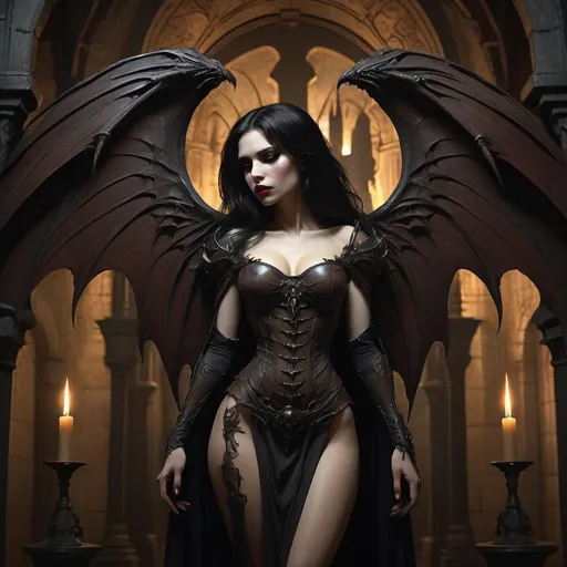 Prompt: heavy brown haze darkness atmosphere, full body  of profile beautiful female vampire, black hair biomechanical details, intricate work of art sinister, very dark crypt of the castle scene ,nightly  only   lit only by candels ,mid-range close-up, very darkness crypt, Alphonse Mucha, staged character rendering,  darkness ,  super high quality, two huge sinister    wings