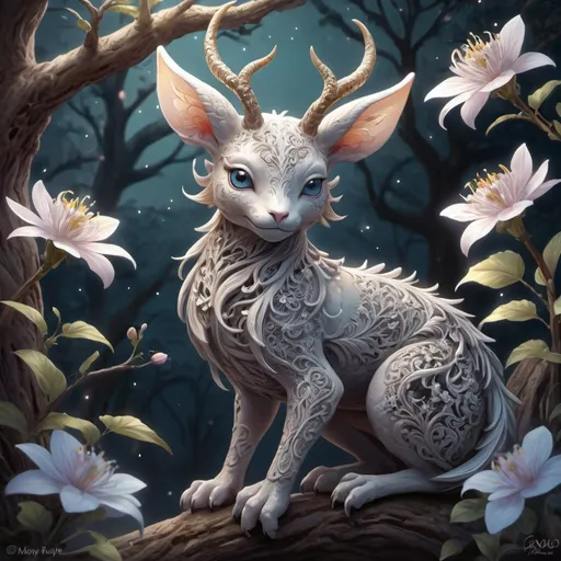 Prompt: Anime-style digital painting of a mystical creature, intricate pose with filigree details, detailed digital art, romantic and cute, luminism, dynamic lighting, complex background, highly detailed, fantasy, flowers, tree branches, dynamic lighting, intricate, cute, professional, professional art quality, WLOP style, Greg Rutkowski style, Mandy Disher style, Craola style, cool tones, atmospheric lighting