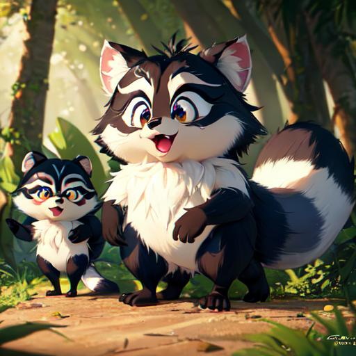 Prompt: Disney Pixar style cute raccoon and skunk, highly detailed, fluffy, intricate, big eyes, adorable, beautiful, soft dramatic lighting, light shafts, radiant, ultra high quality octane render, daytime forest background,bokeh, hypermaximalist