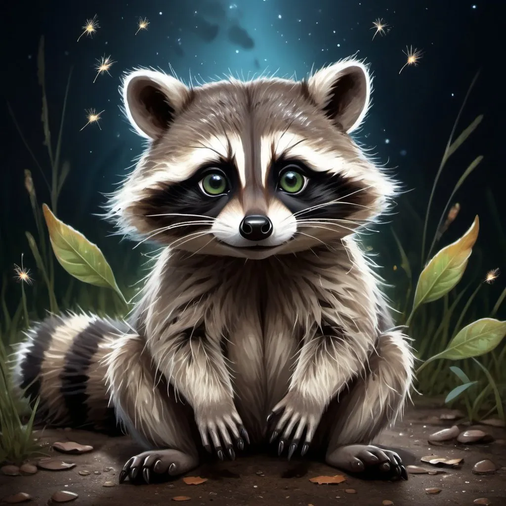 Prompt: A hyper-realistic digital artwork of an adorable cute raccoon sitting on the ground, looking directly at the viewer with big and blue, expressive eyes. The fur of the raccoon is dense and textured, with each hair finely detailed and shimmering with tiny fireflies under a dimly lit night sky. Leaves gently fall around it, adding to the magical, serene atmosphere. The scene is set on a rough textured surface that resembles the wood. The color palette is dominated by shades of green and grey, emphasizing a chilly, enchanting ambiance