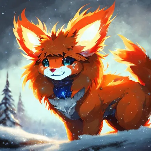 Prompt: {Flareon}, brilliant {blue eyes}, flame, fire element, feral, detailed artwork, beautiful oil painting, 64k, detailed background, snowy field, frost, deep starry sky, brilliant sunrise sky, big golden ears, beautiful dark muzzle, big beautiful 8k eyes, brave, vivid colors, thick fluffy fur, glowing fiery aura, thick billowing mane, intricately detailed fur, beautiful detailed eyes, , by Anne Stokes, golden ratio, perfect proportions, vibrant, hyper detailed, complementary colors, UHD, beautiful detailed background