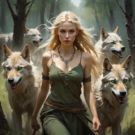 Prompt: beautiful female nordic elven druid with green eyes and elvish pointy ears leading a small pack of brown wolves, charging into battle, long blonde braided hair, necklace, wind, forest, grass, summer, looking into camera,

dramatic lighting, dark atmosphere, textured Speedpaint, masterpiece, ((rough brush strokes)), (paint splatter on background), (by Jeremy Mann), by Ismail Inceoglu, oil on canvas, intense gaze, professional, atmospheric lighting, textured, highres, masterpiece, cinematic, oil painting, trending artwork, particles, dramatic