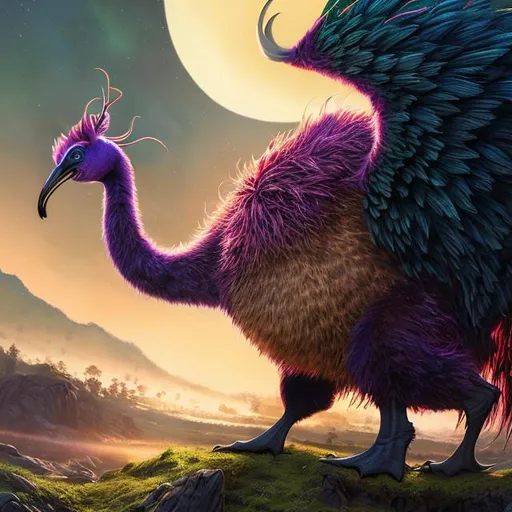 Prompt: SFW, landscape, 3 / 4 view, wide view, 7 "colorful, mean, proud, super massive, obese, baby crane", with a halo", glowing, realistic, spiked hair, fluffy, silky, furry, backlit, warm tones, night-sky, moss, indigo, cream, coral, bone-white, photorealistic eyes, ornate, dynamic, particulate, intricate, elegant, highly detailed,  airbrush, acrylic on paper, volumetric lighting, occlusion, smooth, sharp focus, 128K UHD octane render, w more detail, ultra realistic, insane detail, cinematic