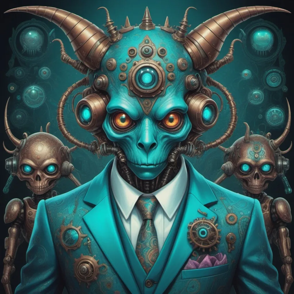 Prompt: a little monster in a suit, in the style of psychedelic artwork, imaginary creatures and robots, steelpunk, cyan and bronze, colorful fantasy realism, witchcore, baroque-punk