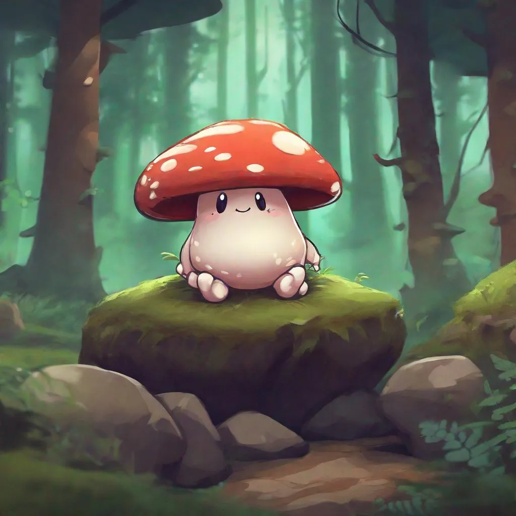 cute anime girl collecting mushrooms, with a tree in | Midjourney