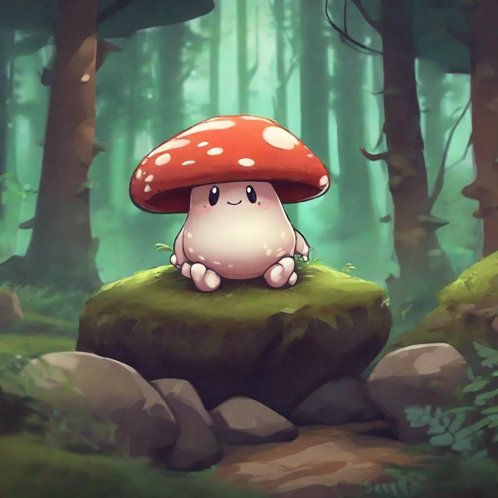 Prompt: digital illustration of a cute mushroom creature, thicc, sitting on a rock in a forest, | | epic - fine - clean, polished, trending on artstation, anime style, brush strokes