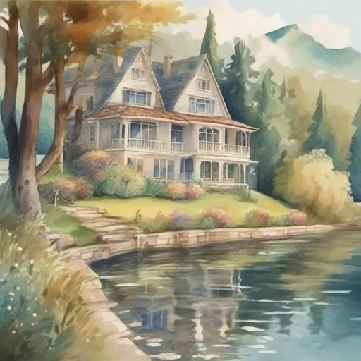 Prompt: strybk, a picture of a beautiful  house with a view of the lake
"A PICTURE like an oil painting", kids story book style, muted colors, watercolor style